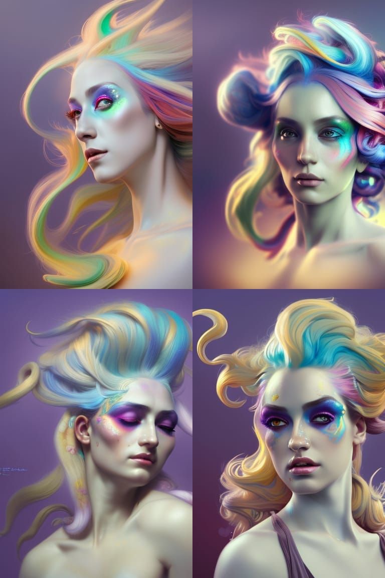 Multicolored Rococo hair, drag makeup, head and shoulders po...