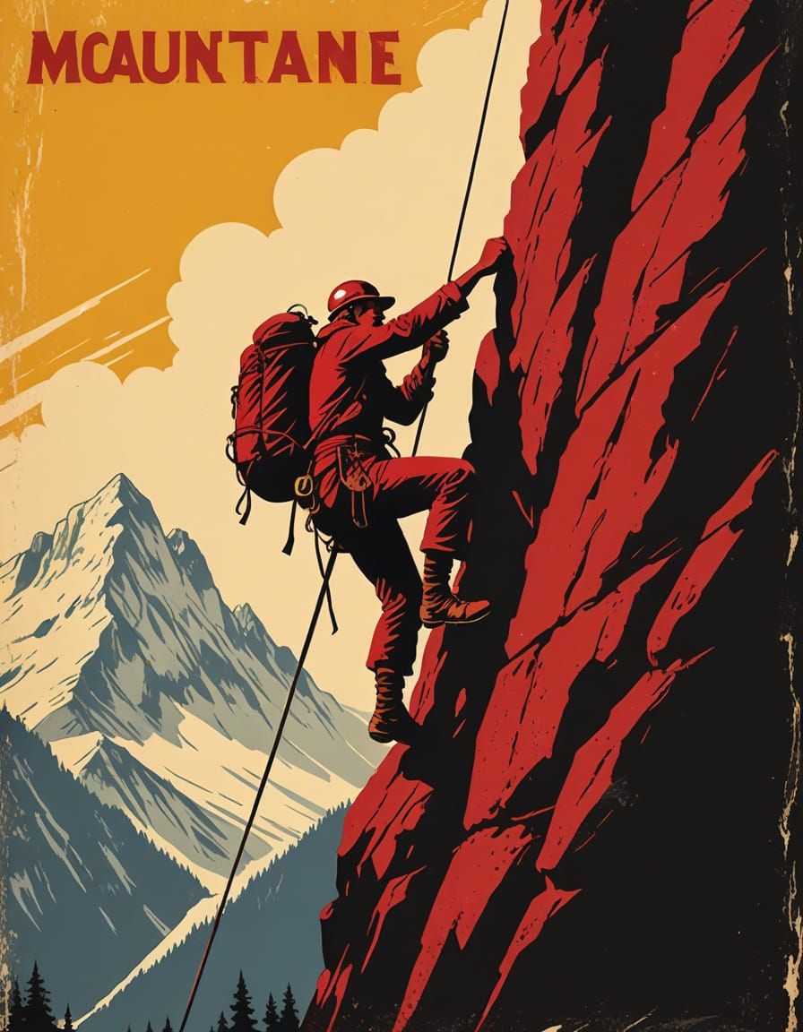 Vintage Mountaineer Climbing Cliff in Lithograph Style