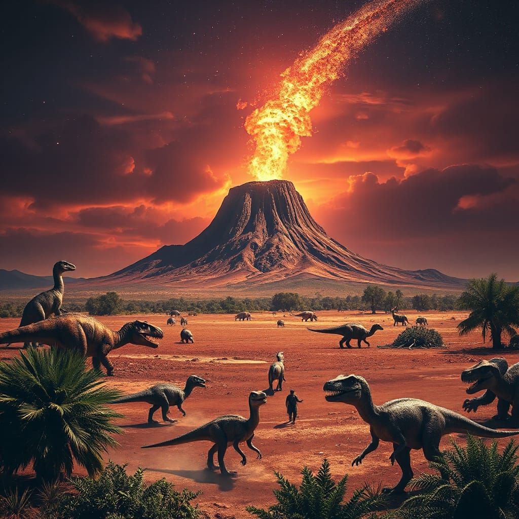 Jura age. Large level, sunny. Different types of dinosaurs can be seen. An erupting volcano in the background. ...  by @Fuchs