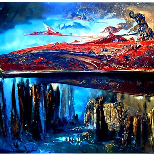 Cinematic fantasy landscape reds and blues acrylic on patina...