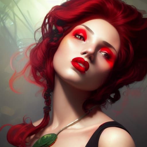 A girl with Black and Red hair, beautiful Green eyes, and da...