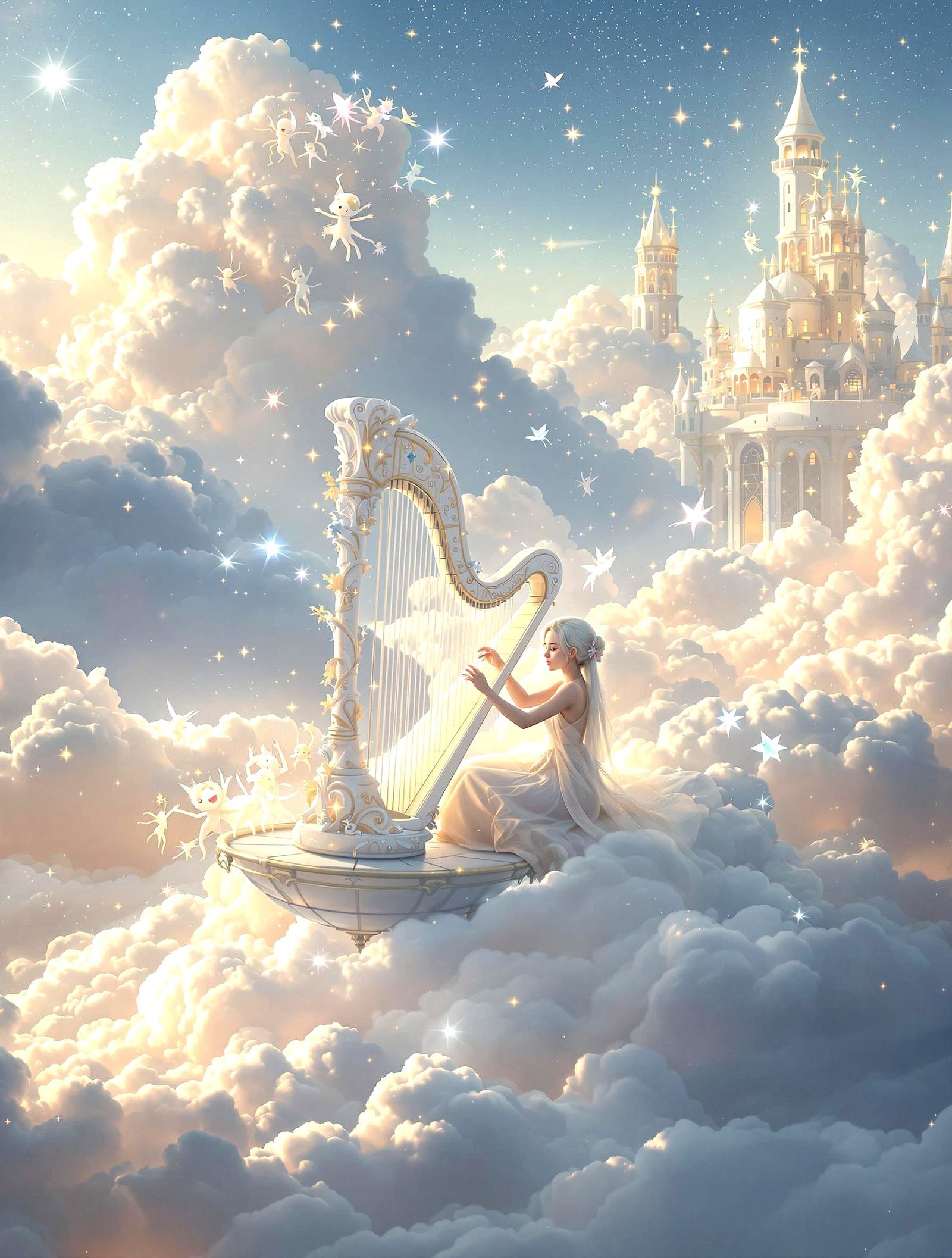 A young musician plays an ivory harp made of moonlight