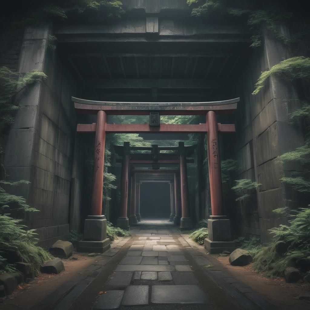 Eerie liminal space type dark tunnel with a Torii gate at th...