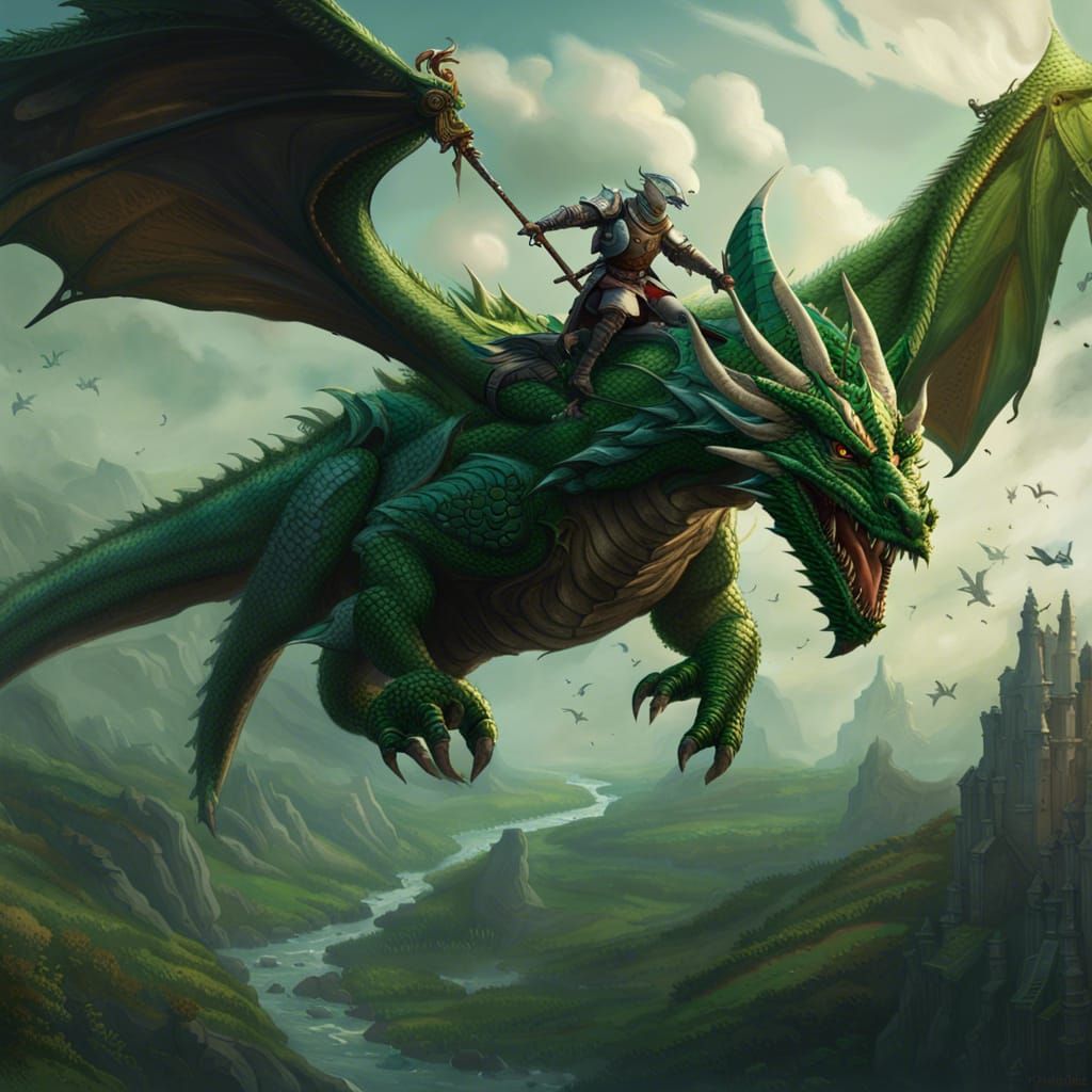 knight flying on a green dragon