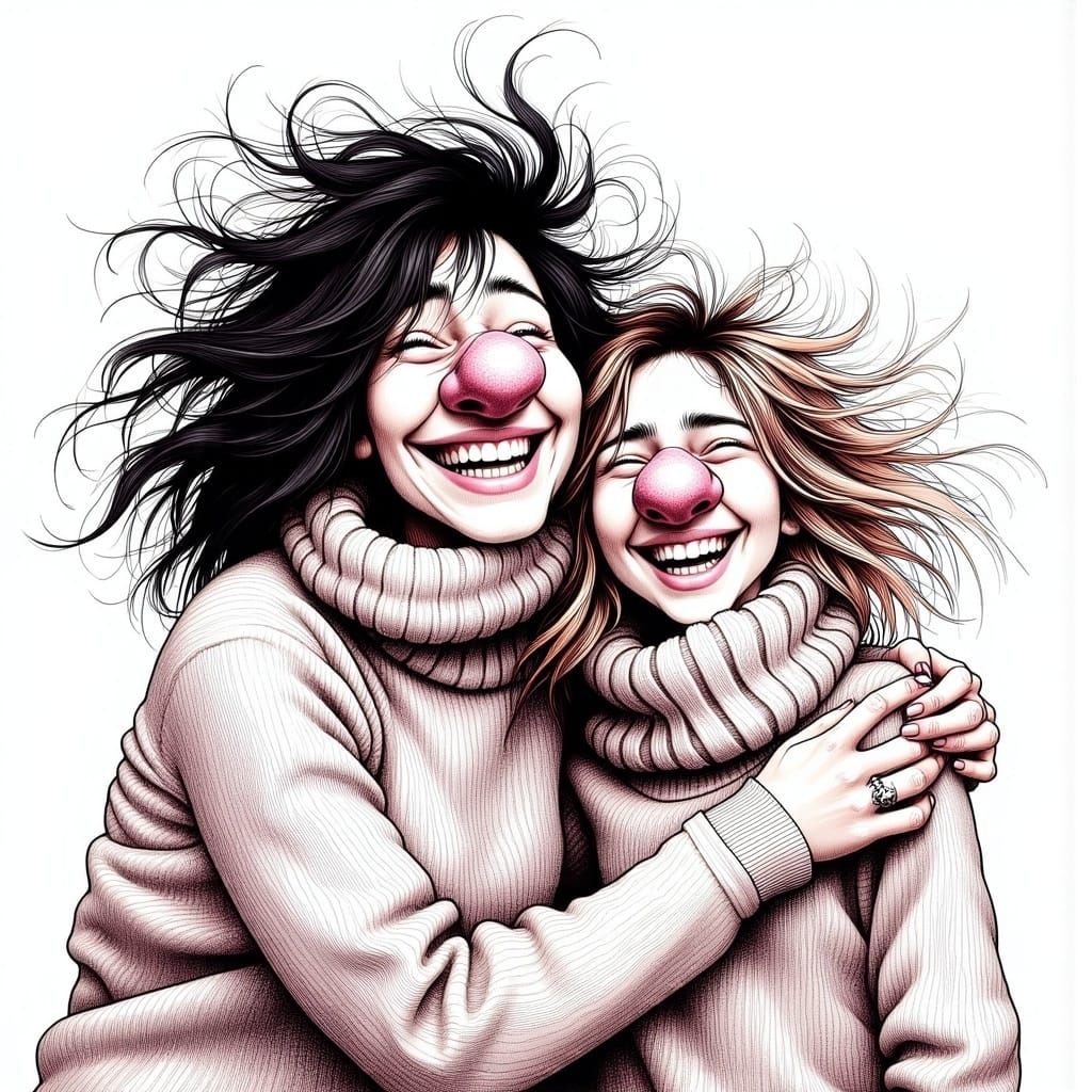 <lora:Ink cartoons:1.0> A funny mother and daughter with messy hair funny faces, big noses, laughing out loud are watching wearing matching...
