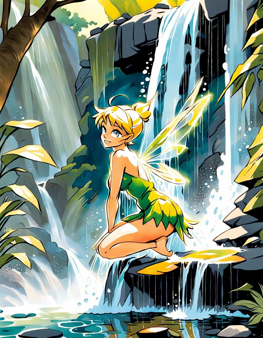 Tinkerbell taking a shower under a waterfall / Acrylic and w...