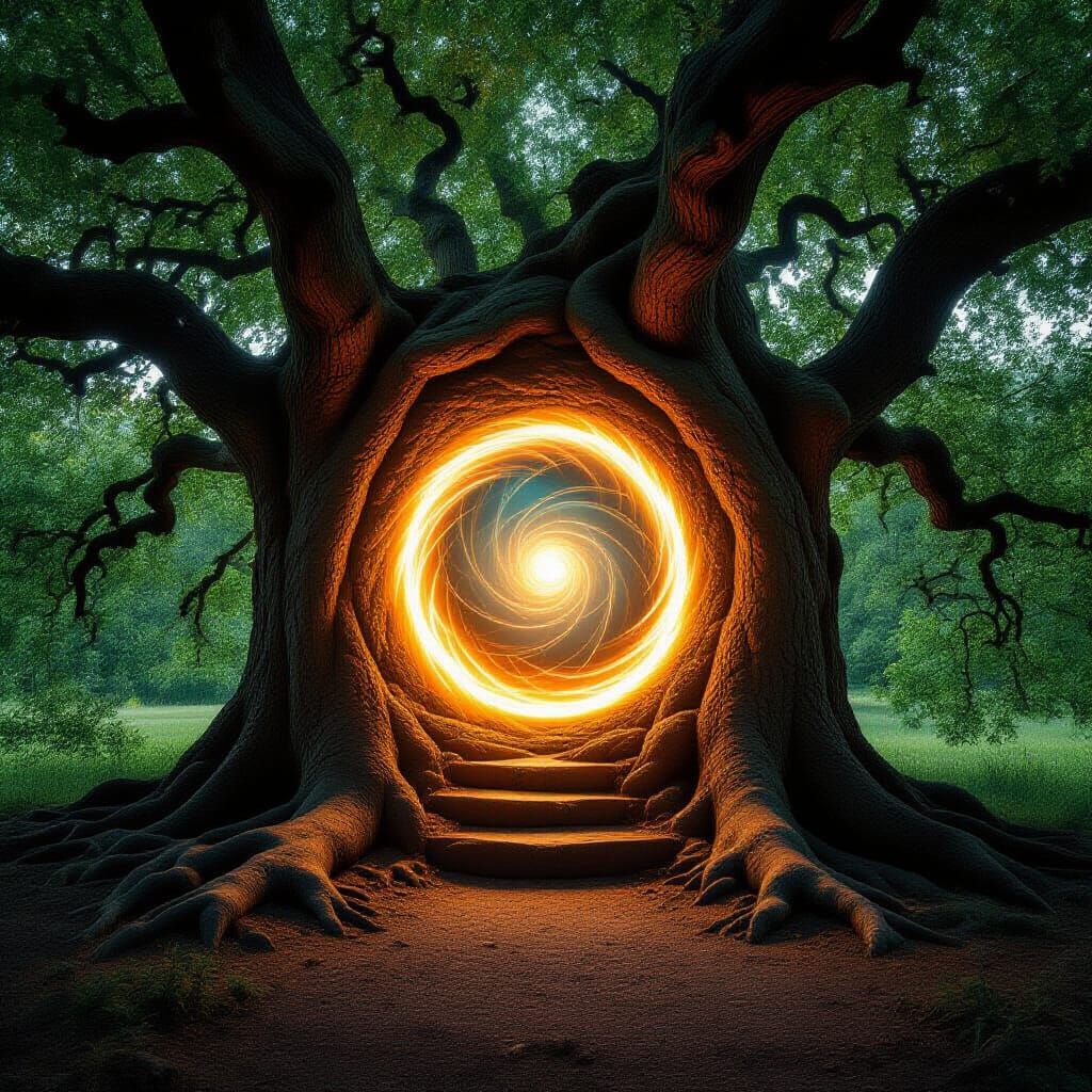 A mesmerizing realistic light vortex inside a huge oak tree, circular light flowing,Time Travel portal, cinematic lighting,