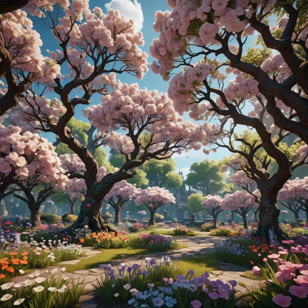 the second universe with blooming trees and flowers of a flower garden 3D  Game Cinematic Feel, Epic 3D Videogame Graphics, Intricately Detai... - AI  Generated Artwork - NightCafe Creator