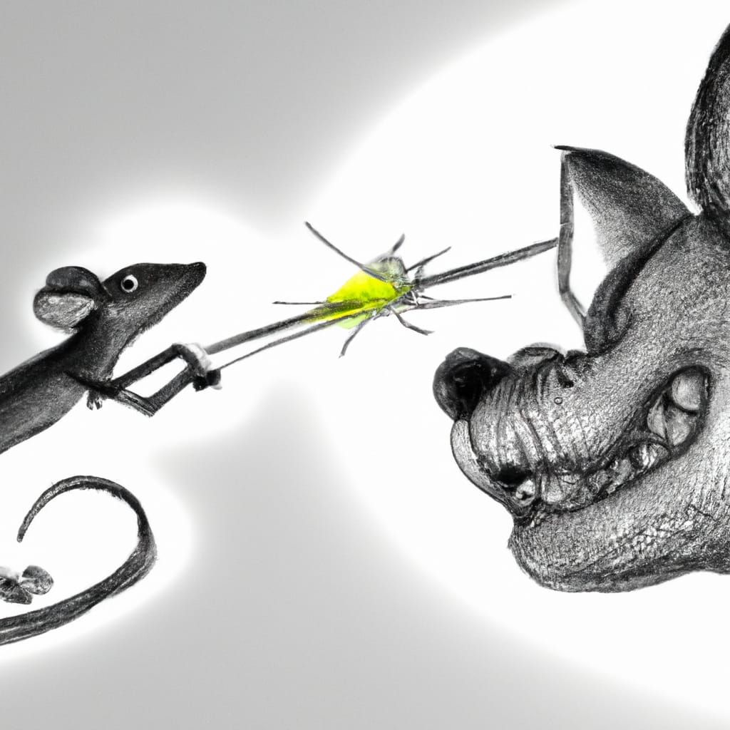 Cute mouse slays ugly dog with a pin, pen drawing, cinematic...