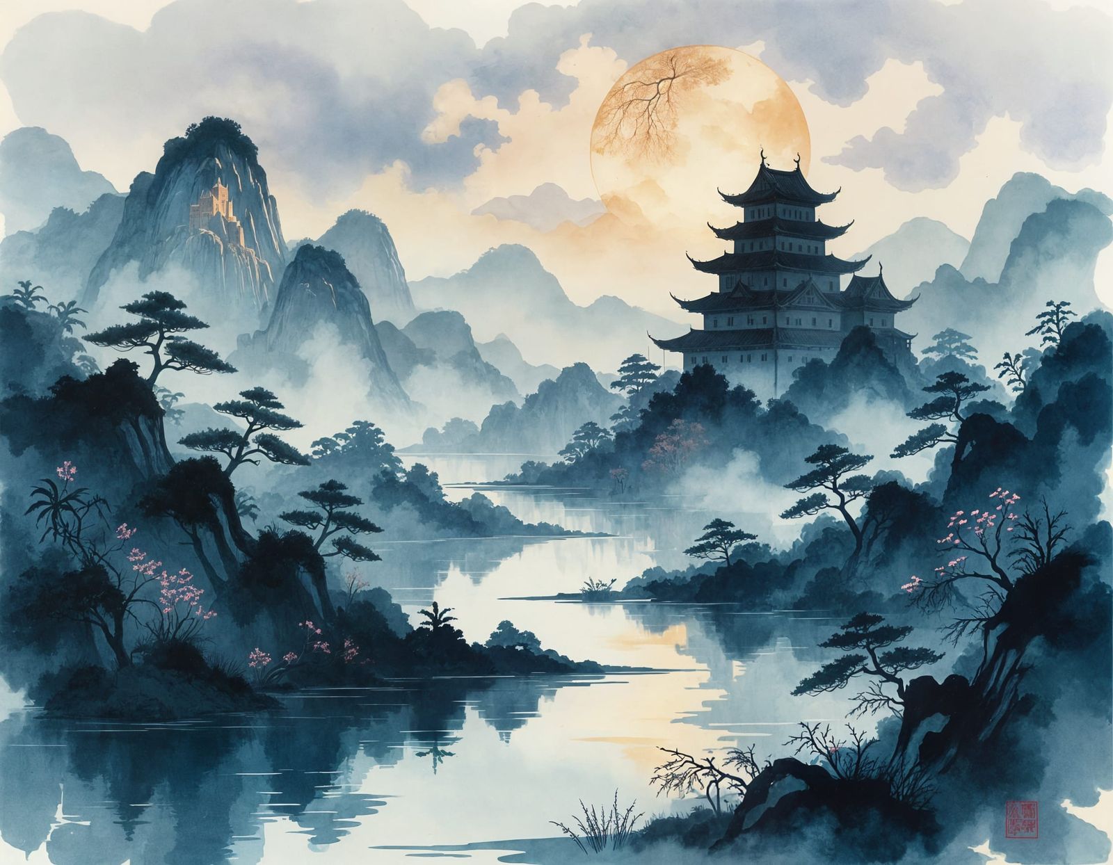 Ink Wash Castle Landscape in Moody Blue and Copper