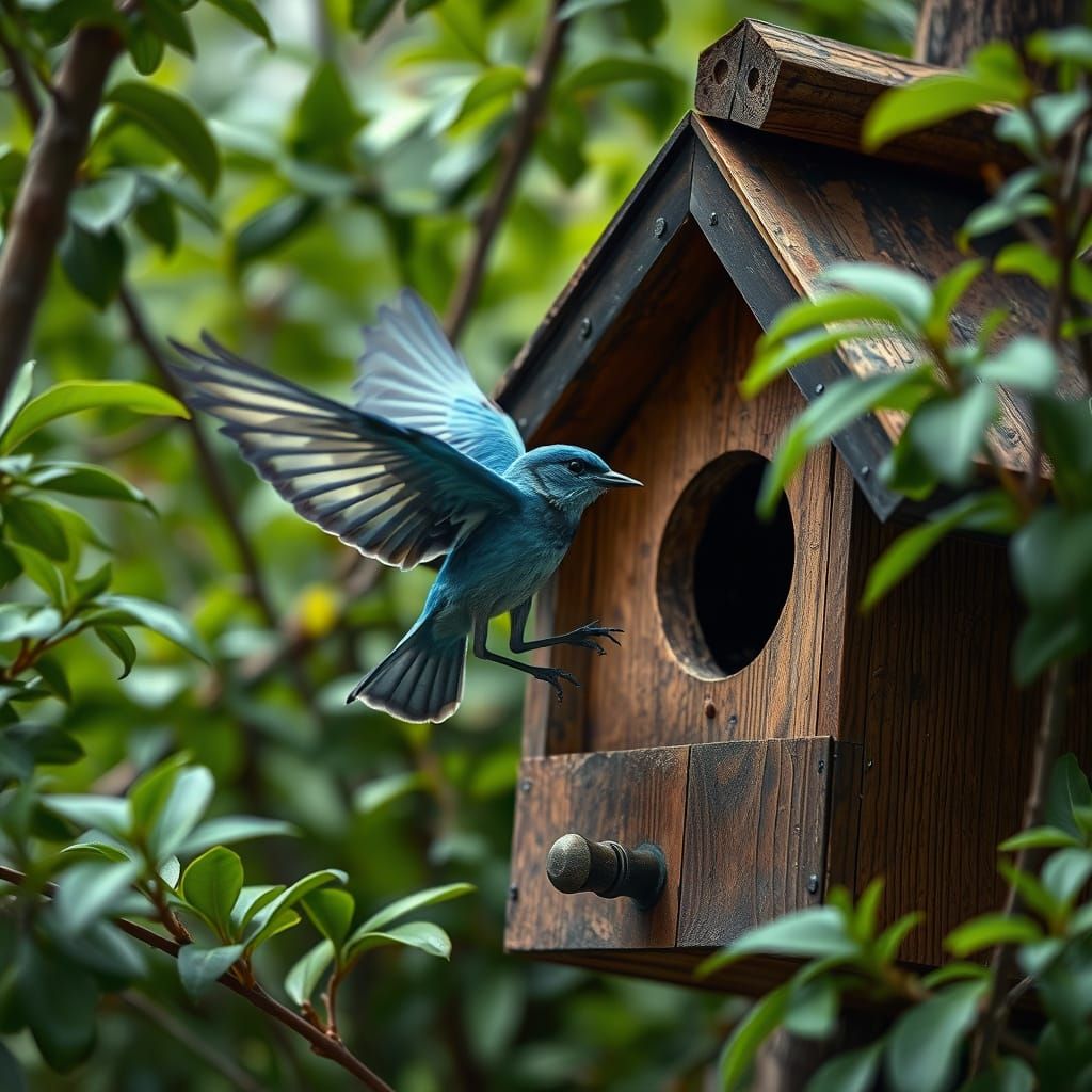 Bluebird leaving birdhouse  by @ISPI AI Art