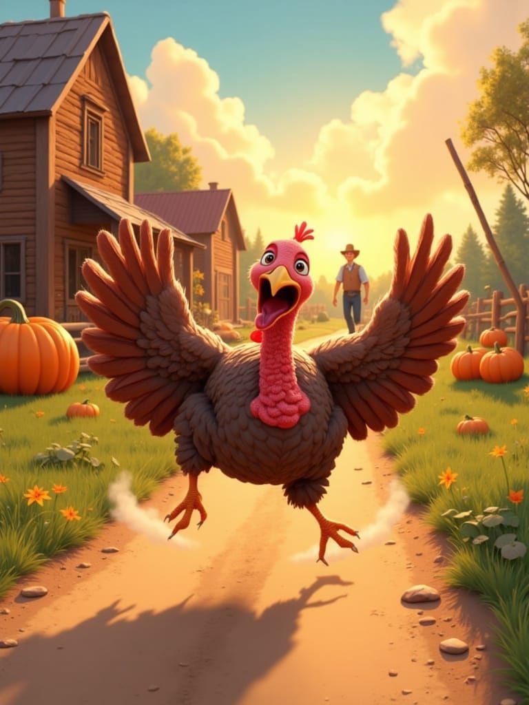 Cartoon Turkey Flees Farmer in Humorous Sunset Chase