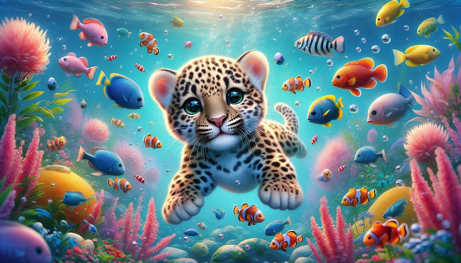 Swimming leopard cub