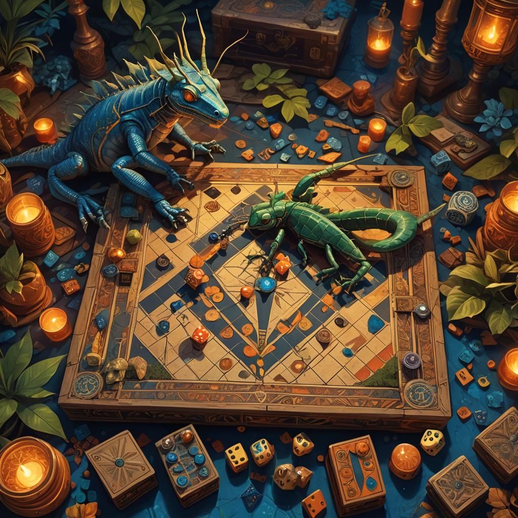 Lizard and Grasshopper Play Backgammon in Art Deco Style