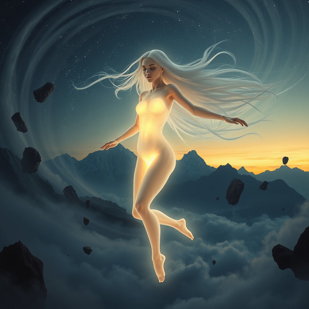 Ethereal Albino Woman Floating in Dreamlike Landscape