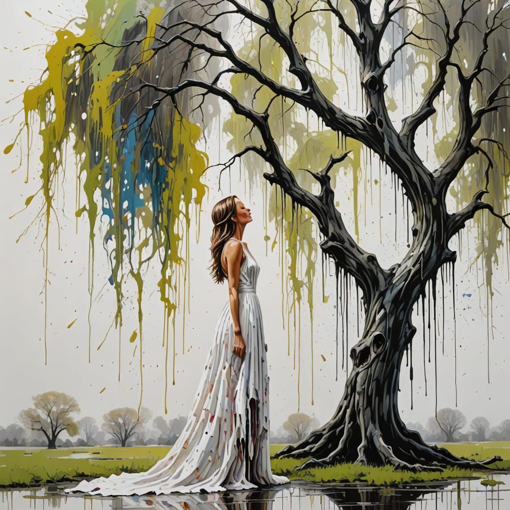 Surreal Woman Contemplates Weeping Willow in Splatter Painti...