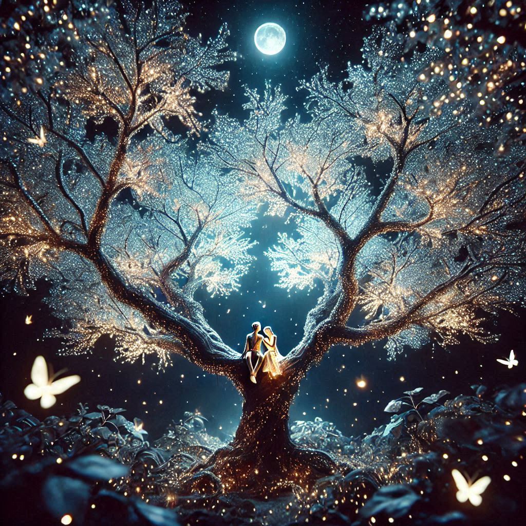 Two lovers sitting on a branch of a glowing tree