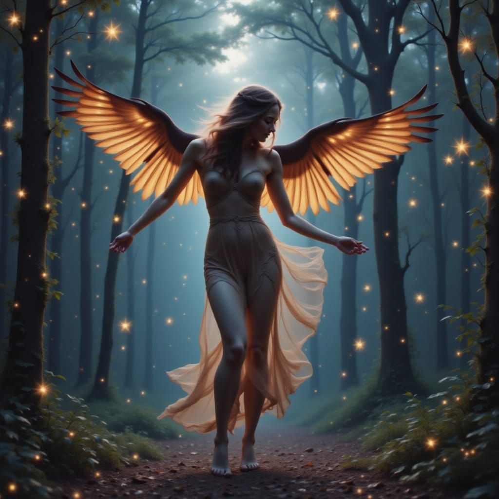 Hawk woman of elongated tribulation in mystical glade of fairy dance lights glowing buzz <lora:Dancer Lumina:1.0>