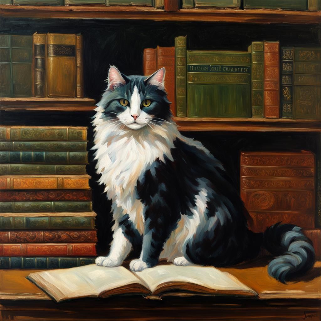 victorian antique library fluffy cat green eyes books booksh...