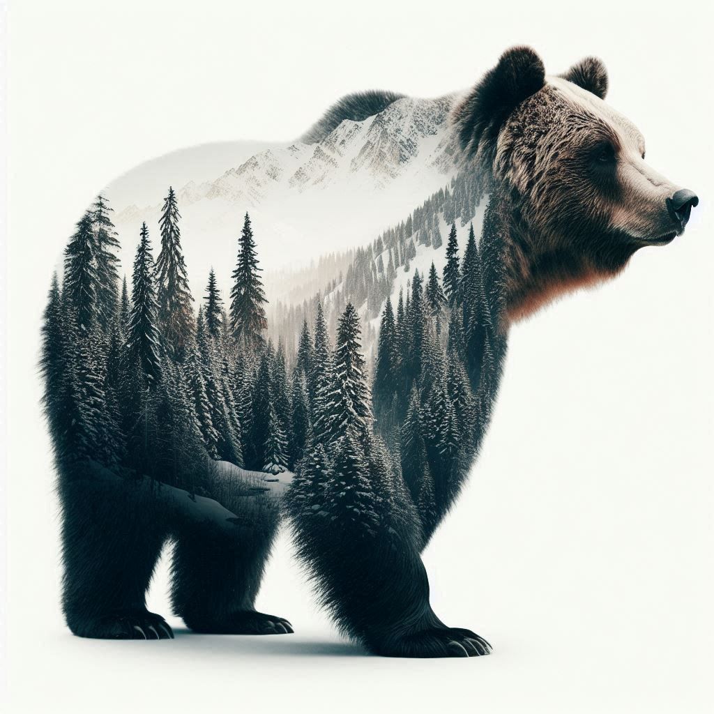 Double exposure style image featuring a bear in profile walking through a snowy landscape. The bear's fur is a mix of br...