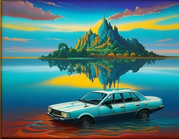 Surreal Old Car Submerged in Dreamlike Lake