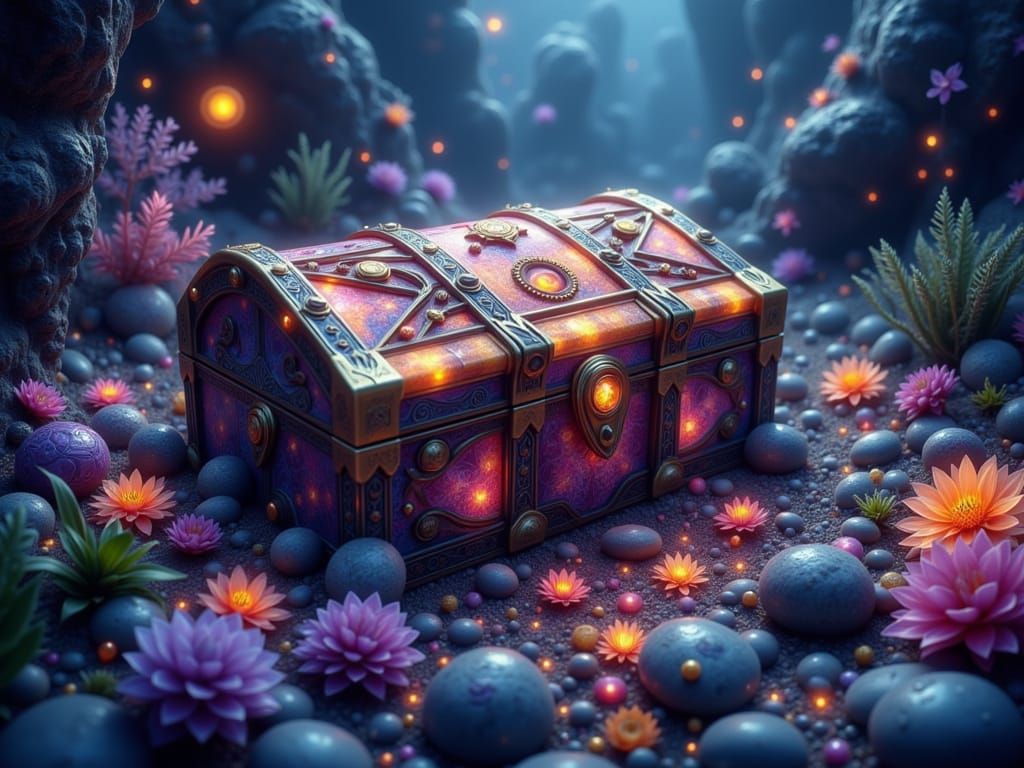 solarpunk, treasure chest, buried deep in the ocean core , desert punk, intricately detailed hyper detailed ...  by @  debster