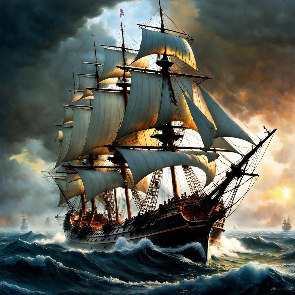 man o war sailing ship in ocean waves - AI Generated Artwork ...