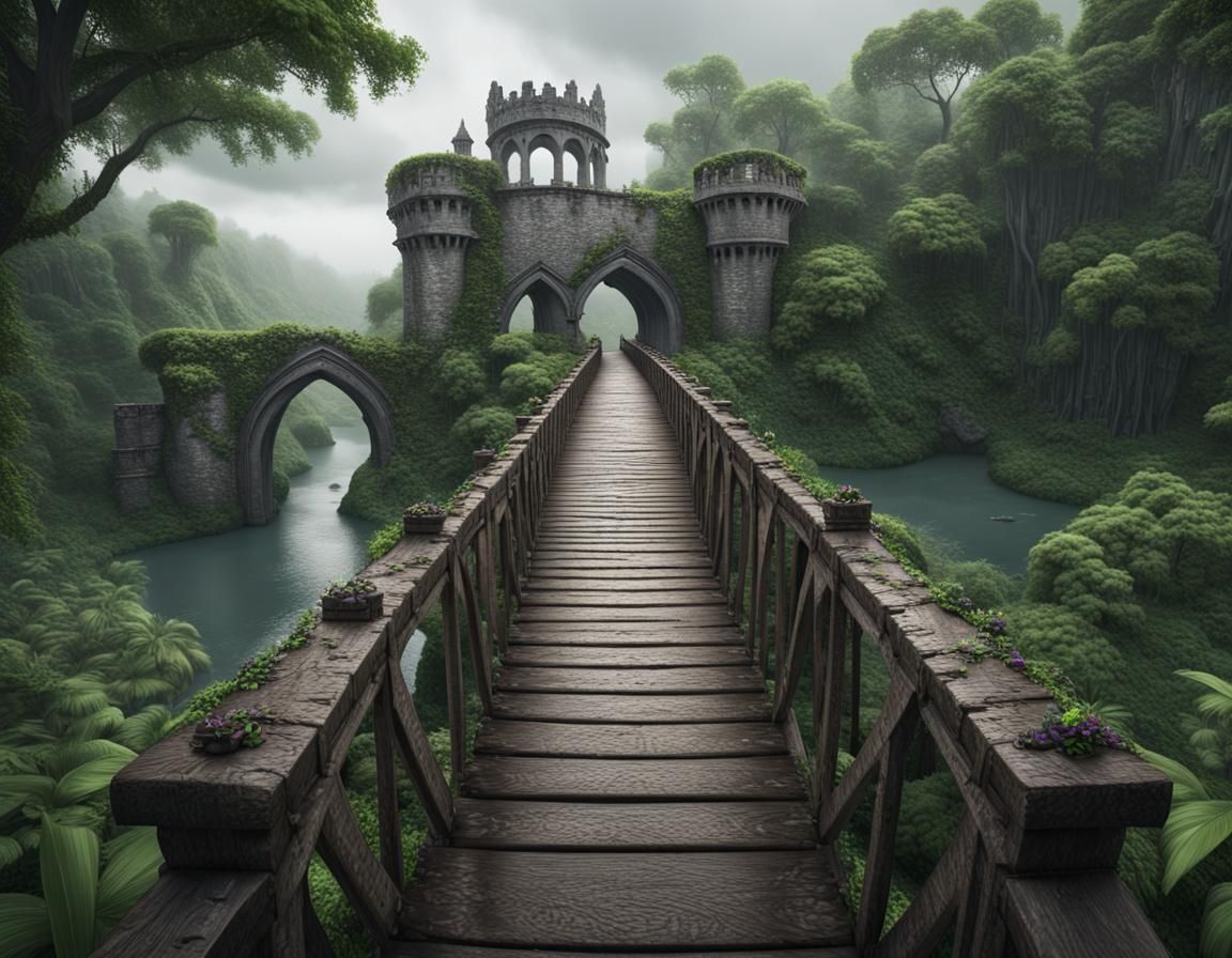Fantasy bridge Medieval bridge in ominous jungle, bohemian v...