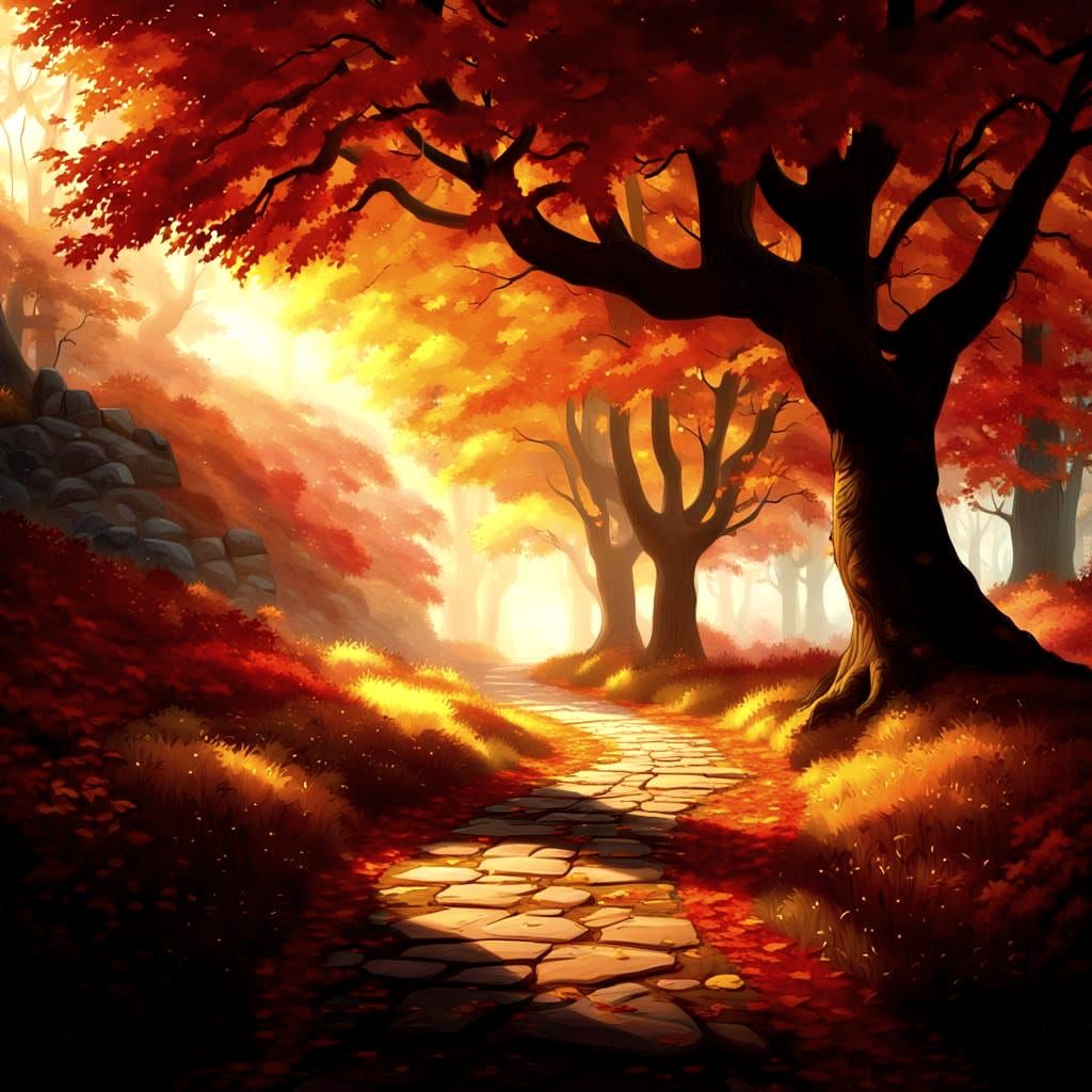 A path under trees with red, orange, and yellow leaves during Fall   by @Random