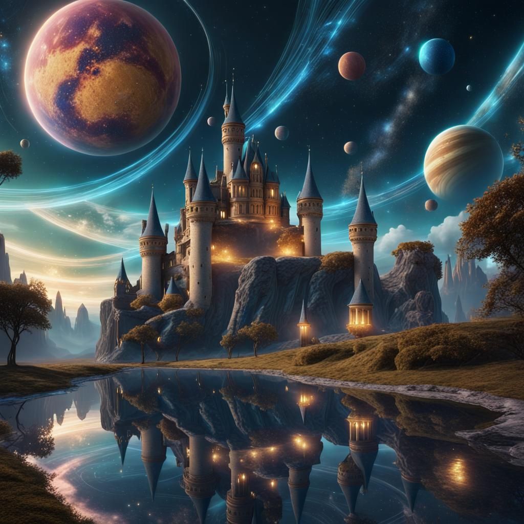 A castle and illusionary dreamscape underneath a starry night sky with twirling planets  by @King Rain Phoenix Tilla 