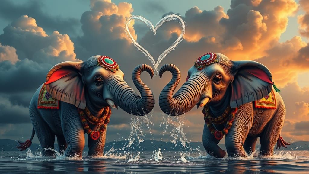 Cartoon elephants spraying water in the shape of a hearts  by @KOSH