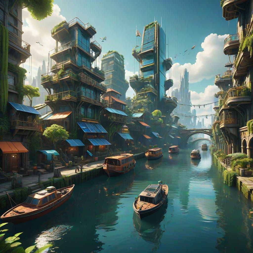 Surreal Solarpunk City with Grand Canal and Boats ... - AI Art