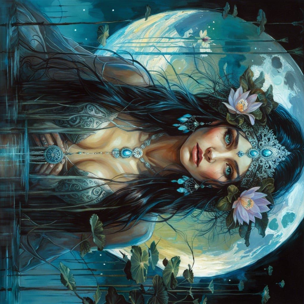 Beautiful bioluminescent Moon goddess touching a mirrored re...