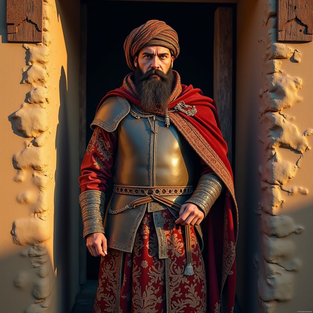 Crimean tatar warrior bearded  18th century, no armor, street of clay houses background .
