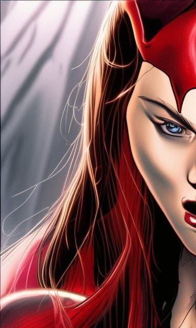 scarlet witch's bloody face has a menacing look, close up, d...