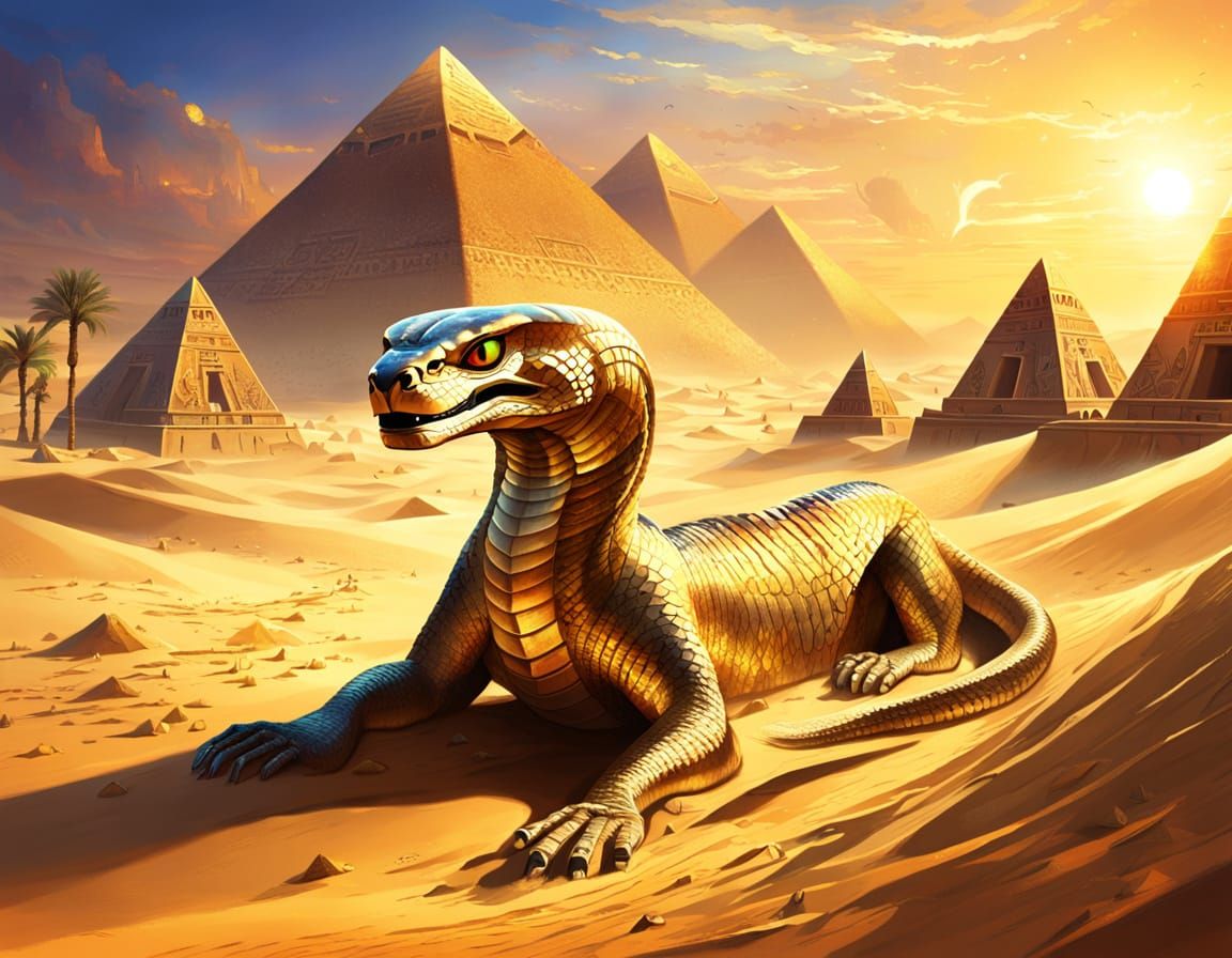Egypt as a mystical cobra

A golden cobra with glowing eyes and ancient hieroglyphs on its scales, rising from desert sands with the pyramid...