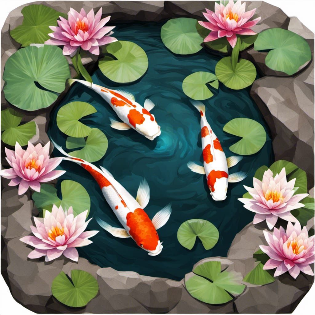 Koi fish in a rock pond with lily pads blooming