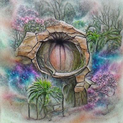 Dimensional portal in a botanical garden fantasy ink and was...
