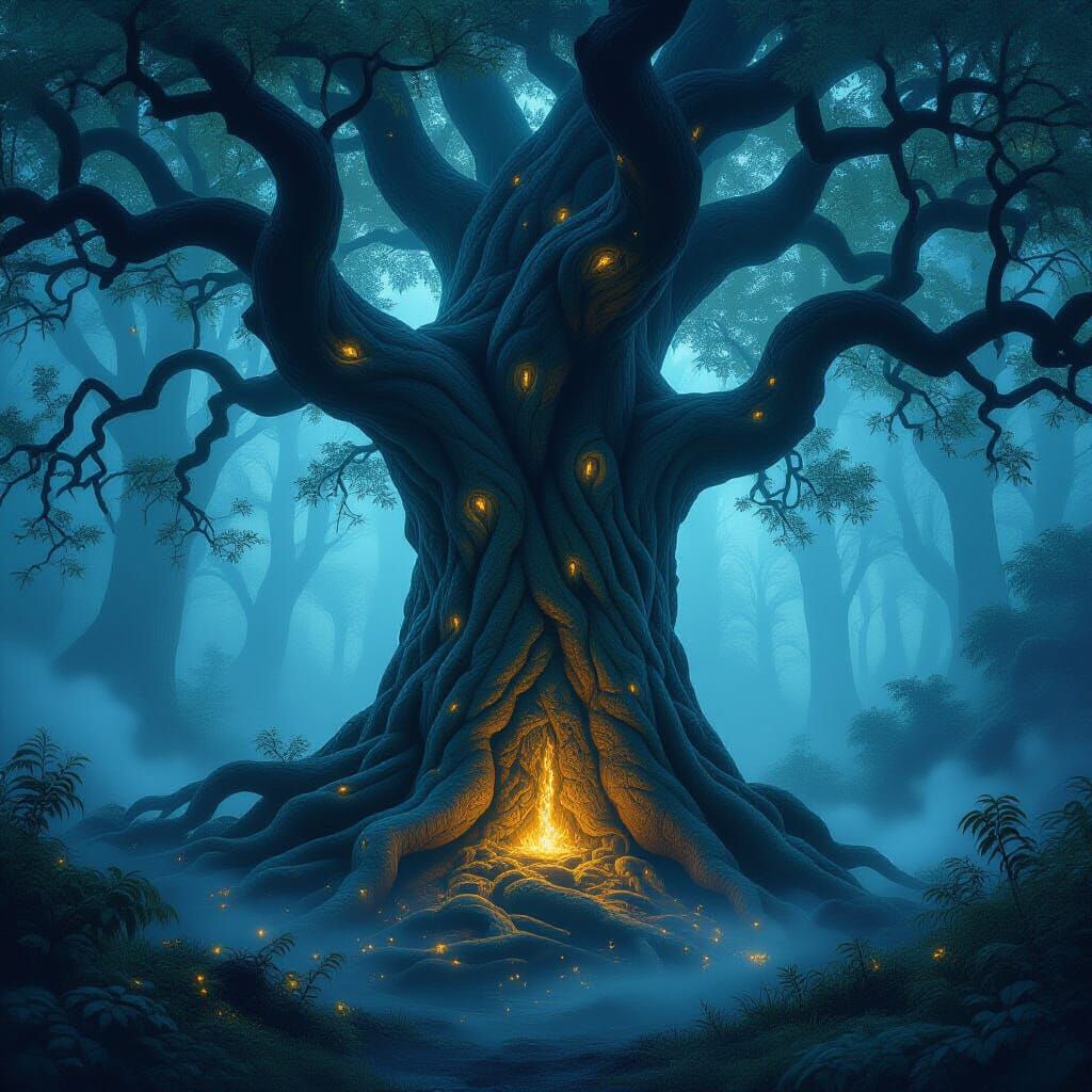Enchanted Ancient Tree in Misty Forest
