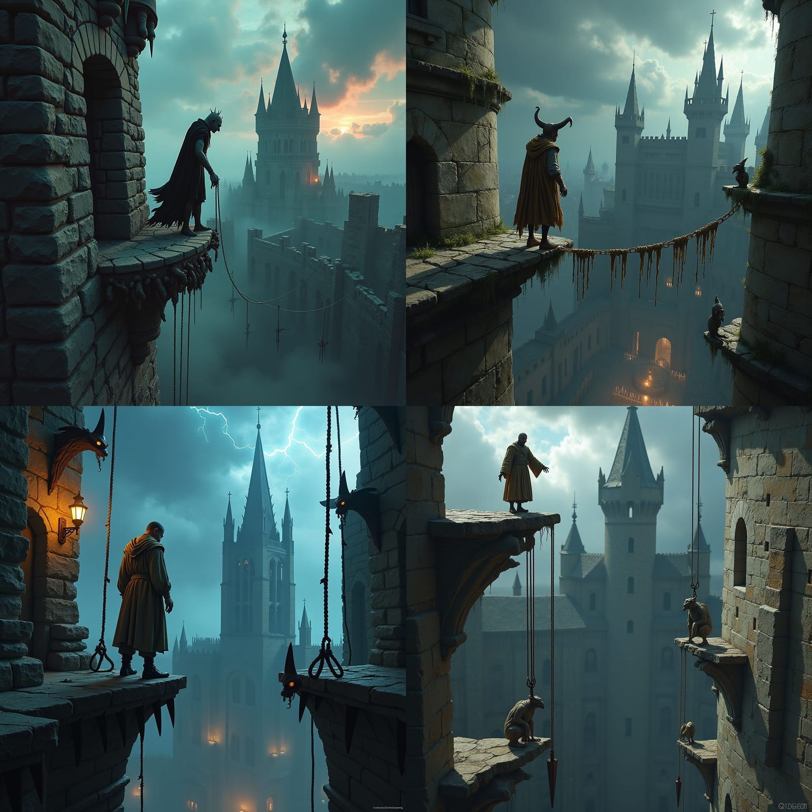 Quasimodo, the hunchback, stands on a narrow medieval castle...