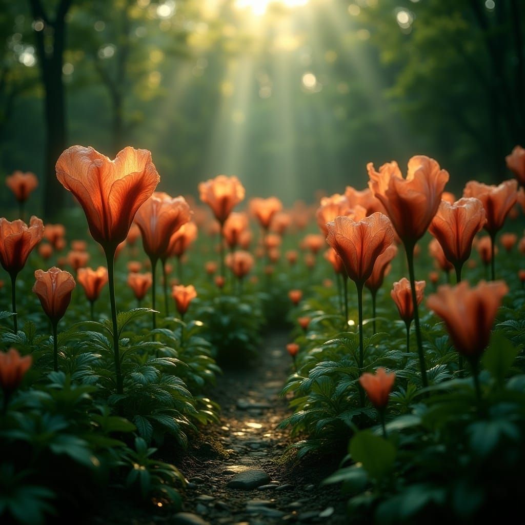 <lora:MJ6-1 FluxSurreal:1.0> A garden where flowers bloom in the shape of human hearts, surrealism, cinematic atmosphere, mind-bending mural...