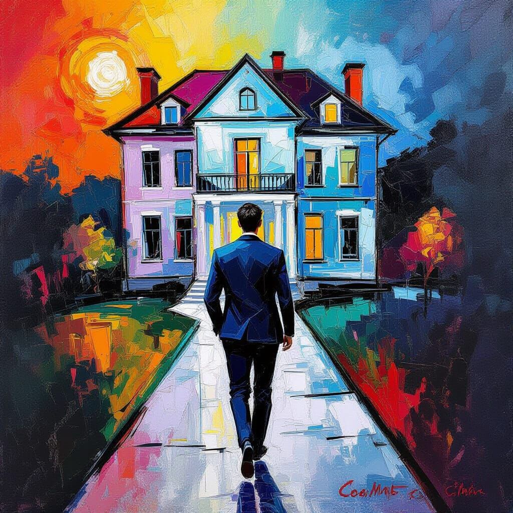 Hyper realistic mansion made of shattered glass with a man walking up to the mansion