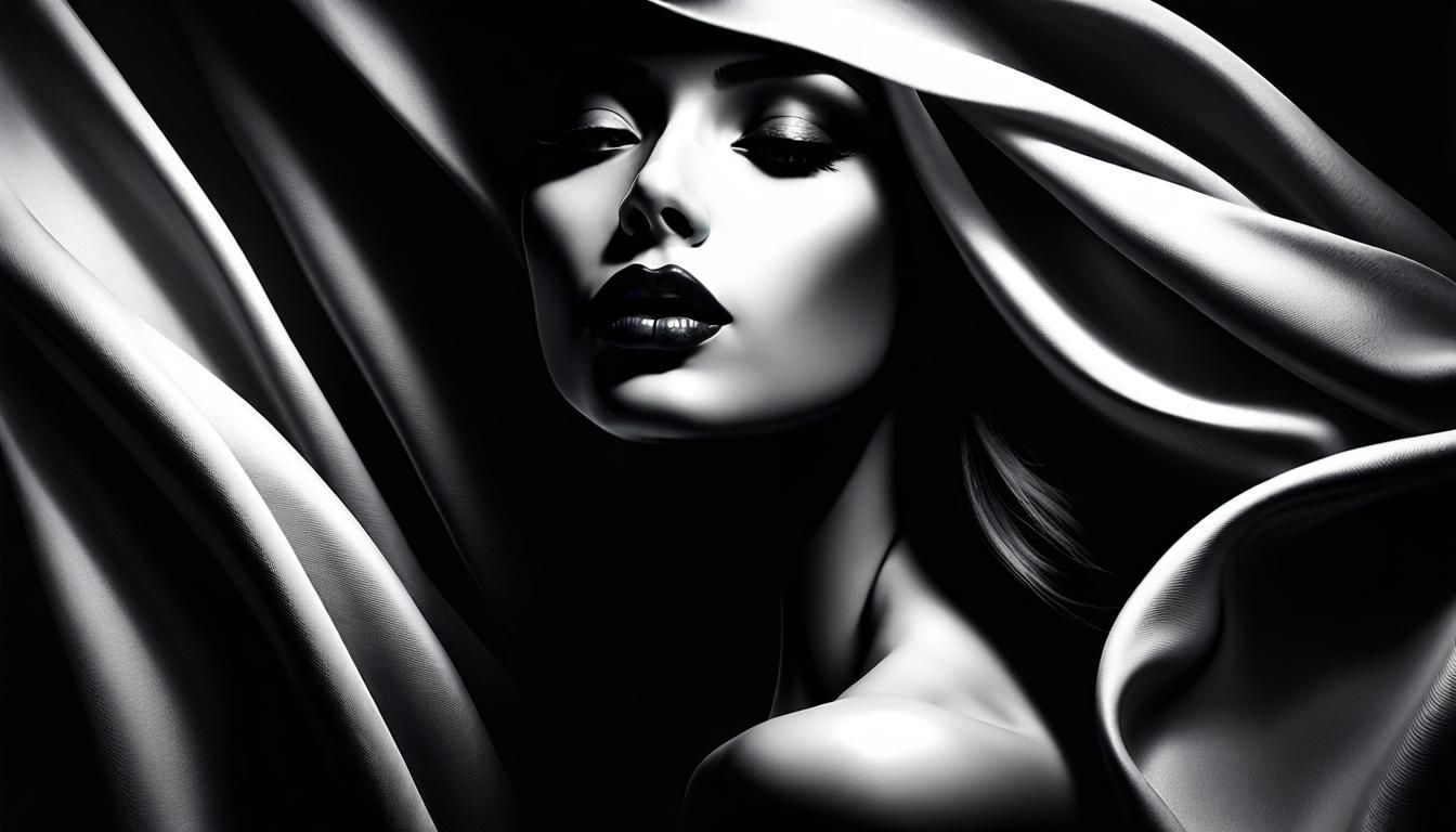 Enigmatic Woman's Face in Flowing Fabric on Black