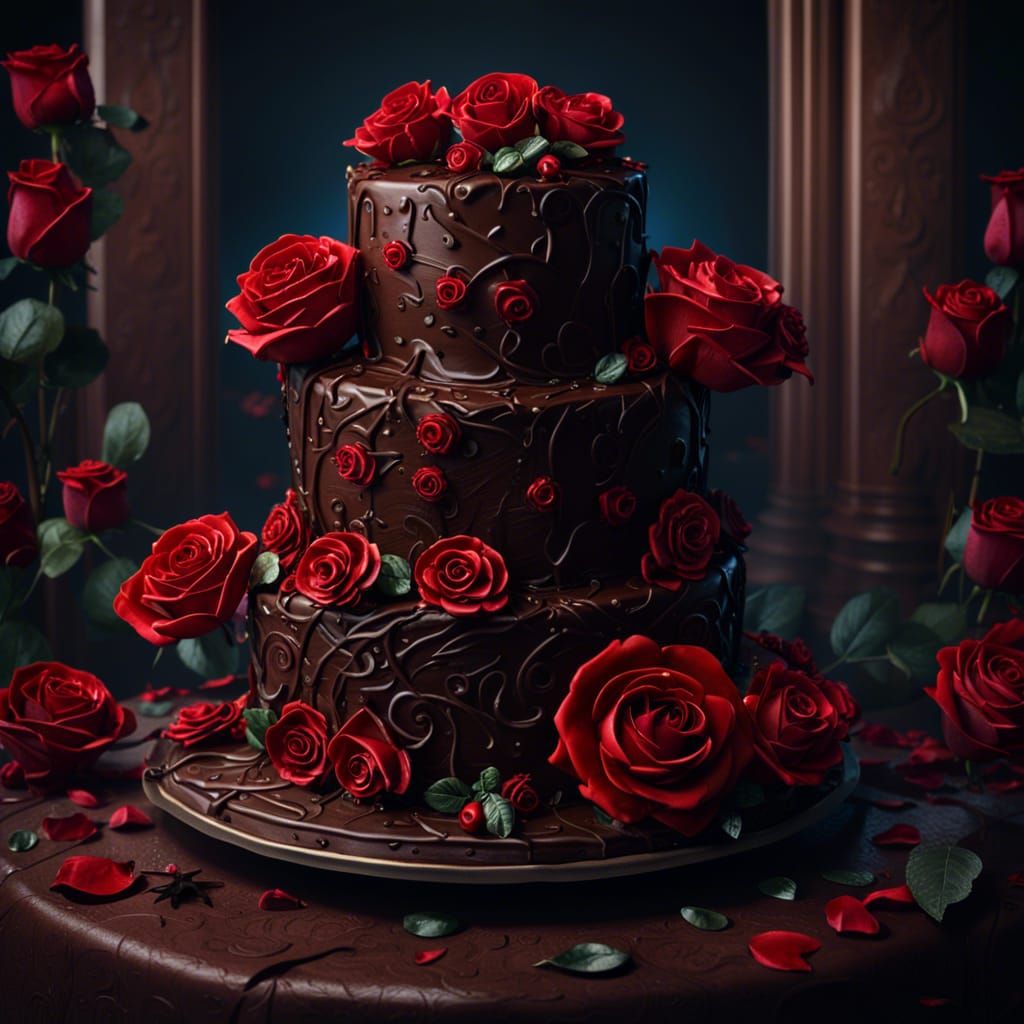A large fondant chocolate cake, red roses, on top and around...