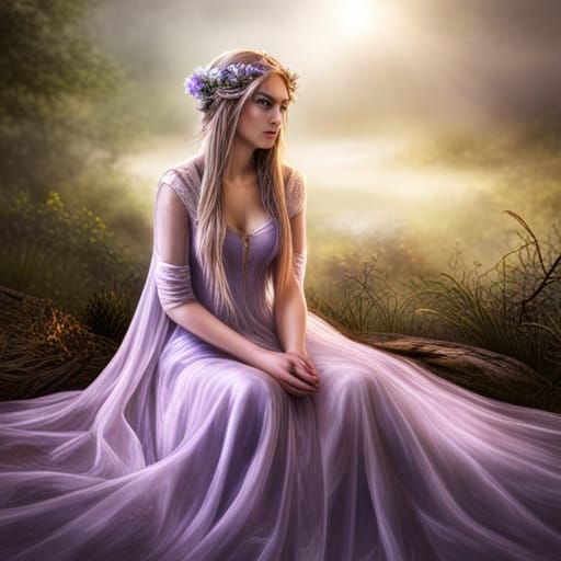 Beautiful, alluring, elf princess with lavender eyes, wearing a ...