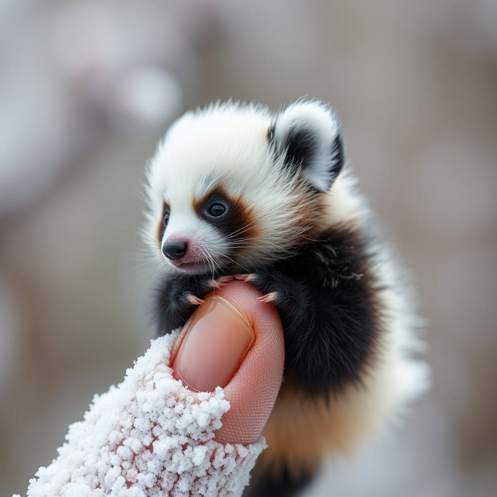 Winter is Coming, tiny baby panda climbing fingertip, macro ...