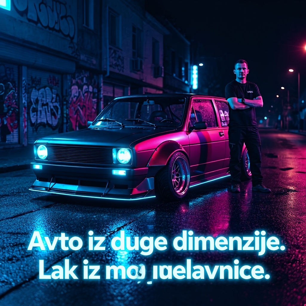 Cyberpunk-inspired nighttime street scene, neon lights reflecting on wet asphalt, heavily modified car (Yugo/Stojadin/Golf style silhouette)...