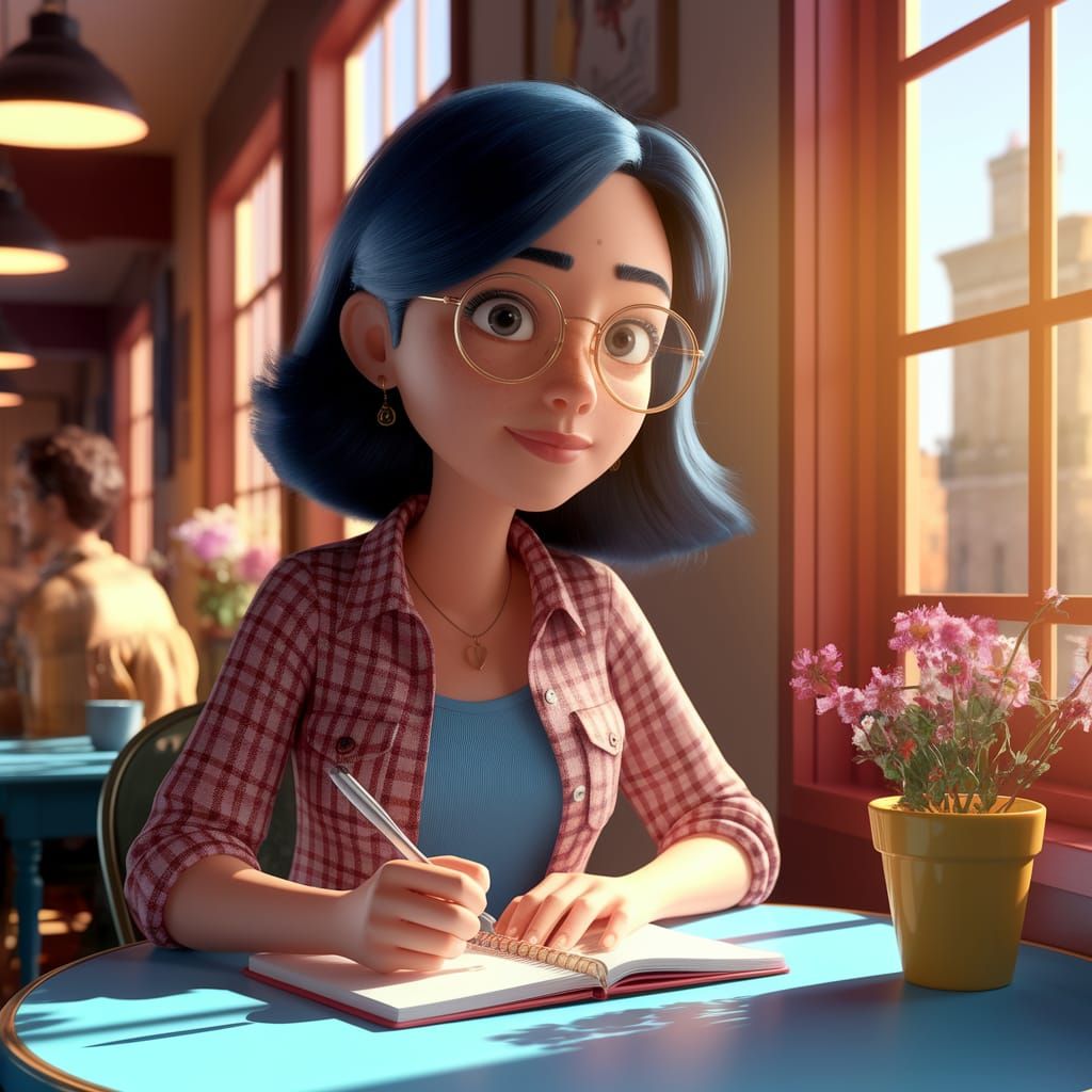 Pixar-Inspired Cafe Scene with Dark-Haired Woman