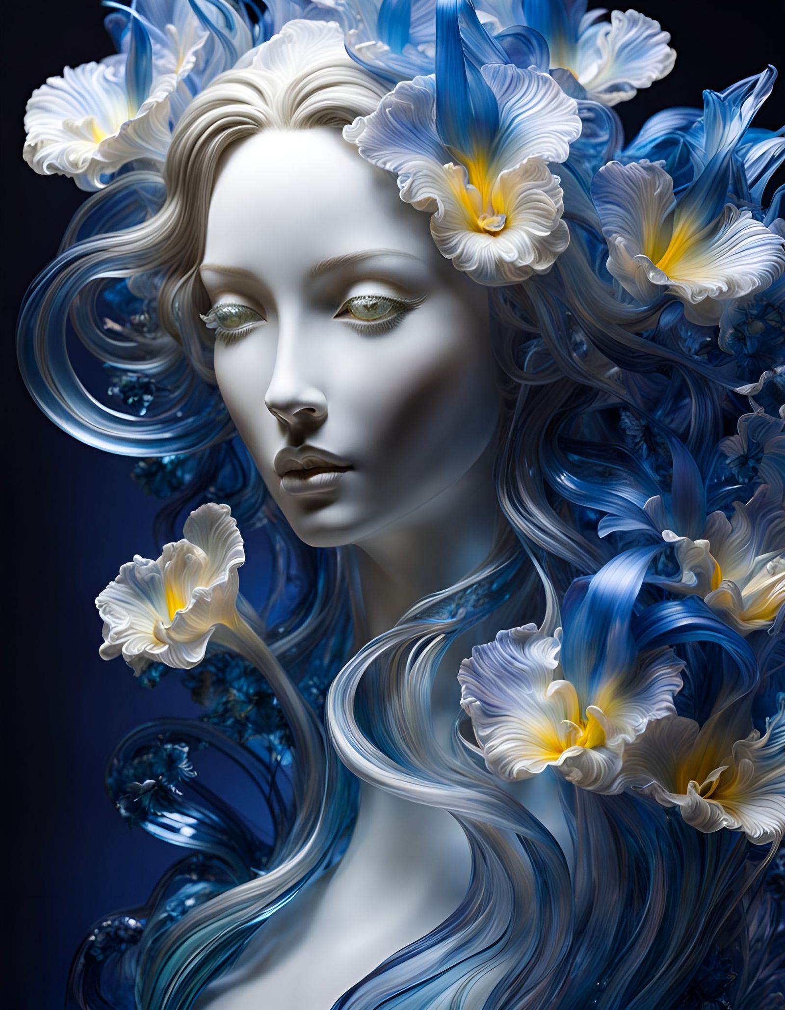 A blown glass sculpture of a smiling woman with flowing hair and flowers in her hair.   by @Bill A