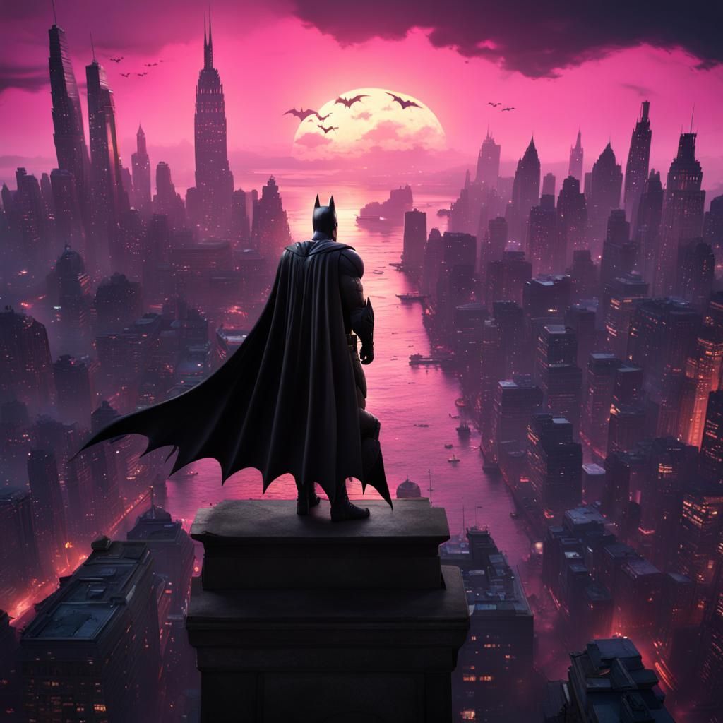 Batman looking out over gotham with a pink sunset
